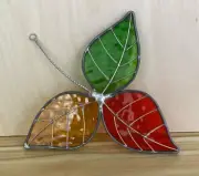 Three Leaf Green Red & Yellow Stained Glass Suncatcher Unique Only One Available