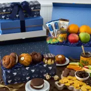 Festive Hanukkah Kosher Fruit + Baked Goods Gift Tower by GourmetGiftBaskets.com