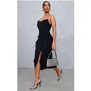Black Chiffon Corset Bandeau Draped Midi Dress, Black