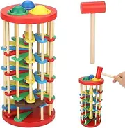 Wooden Ball Drop Tower with Swirling Ramps Hammer & 3 Balls Montessori Toy for Toddlers 3+