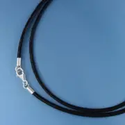 17" Sterling Silver 1.5mm Black Round Genuine Leather Cord Necklace, Lobster