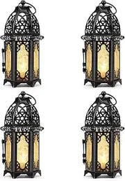 Metal Candle Holder Small Sized 4PCS Sets Transparent Glass Moroccan Style Hanging Lanterns Creative Wedding Home Tabletop Decoration Birdcage, Black