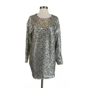 AQUA Women's Cocktail Dress Size 12 Silver Sequined Long Sleeve Mini Shift