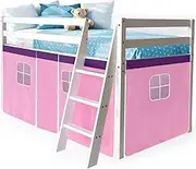 Kingston Slumber Wooden Kids Single Loft Bed Frame - Hiding Space Underneath with Interchangeable Pink and Blue Curtains