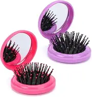 TAVVKE 2 Pcs Round Mini Hair Brush With Mirror, Folding Travel Size Massage Comb, Compact Pocket Portable Hair Styling Tools (Rosy & Purple)
