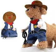 Pet Clothes Cowboy Cosplay Costume Cat Dog Blue Jeans Hat Outfit Funny Party Apparel (Brown Blue Black, L)