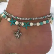 Women Double Layer Anklet Chain Bead Leg Bracelet Sea Turtle Pendant Anklets 1Pc