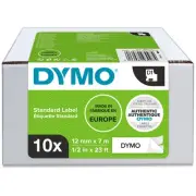Dymo D1 Label Tape 12Mmx7m Black On White Pack 10