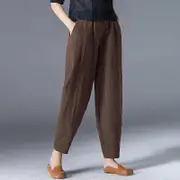 Order Two Size Up,Women Summer Casual Loose Harem Pants Elastic Waist Cotton Linen Thin Pants Ninth Trousers brown S