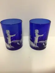 FENTON HANDPAINTED MARY GREGORY Cobalt Blue TUMBLER Glass Boy Fishing X2 Vintage