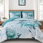 Dobuyly Floral Comforter Set Queen Size 7 Piece Bed in a Bag, Aqua Flowers Printed on Light Blue Comforter Set with Sheets, Soft Microfiber Botanical Complete Bedding Set for All Season