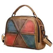Women Vintage Genuine Leather Handmade Brush Handbags Stitching Crossbody Bags