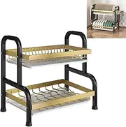 WADY 2 Tier Large Dish Drying Rack, Strong Carbon Steel Dish Drainer, Kitchen Countertop with Draining Board for Kitchen Storage & Organisation, Storage Shelf Bowl Shelves with Water Drip Trays