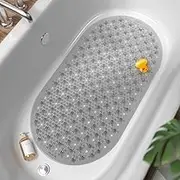 HITSLAM Oval Bathtub Mat Non Slip, 27x15 Inch Bubble Bath Tub Mat for Bathroom, Machine Washable Shower Mat with Suction Cups and Drain Holes, Grey