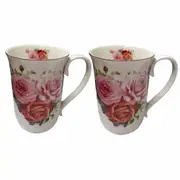 Elegant Kitchen 405mm Tea Coffee Mugs Pink Roses Set of 2