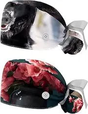 [YTYVAGT] 2-Pc,Nurse Scrub Caps,Scrub Hats with Buttons and Cotton Sweatband,Black Animal Wolf Snowfield Pattern