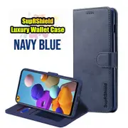 For Samsung Galaxy A21s Case, SupRShield Wallet Leather Flip Magnetic Stand Case Cover (Navy Blue)