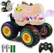 DYODYORC Remote Control Car, 2.4Ghz All Terrain Dinosaur Monster Truck Toys, RC Truck with Spay, Music, 3 Lighting Effects, Stunt Capable, Toy Gifts for Boys and Girls (Yellow)