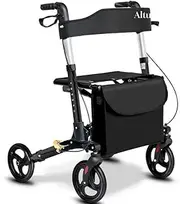 [Altus] Euro Style Mobility Rollator Walking Frame with Seat Back Bag X-Fold Alloy Frame Carbon Fiber Style Black