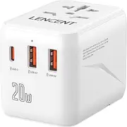 LENCENT Universal Travel Adapter, Universal Adapter Travel Plug with 2 USB Ports & Type-C Fast Charging Plug Adaptor,PD 20W Worldwide Wall Charger for Phone, Laptop, USA/UK/EU/AUS/Bali/Japan(White)
