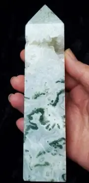 6.5" 384gr Green Moss Agate w/ Rainbow Druzy Geode Crystal Tower Obelisk Carving