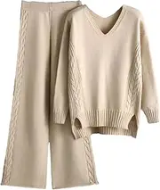 [Generic] Spring Winter Women's Casual Knitted 2 Pieces Sets Long Sleeve Sweater Pullover Wide Leg Loose Pants Sets
