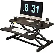 POPULUSL Standing Desk Converter, 80cm x 40cm, Ergonomic Sit-Stand Desk Converter, Dual Tiered, Height Adjustable, Black, Carbon Steel & Wooden Finish, For Monitor, Keyboard, Laptop