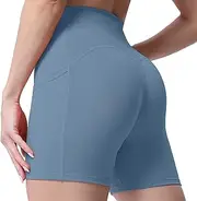 [Aoxjox] Biker Workout Shorts Women with Pocket Legend Tummy Control High Waisted Exercise Athletic Gym Running Yoga Shorts 5"