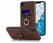 Full Protection Cover for iPhone XR, 2 Cards PU Leather Case with Ring Holder - Brown