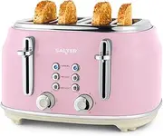 Salter EK5739PNK Retro 4-Slice Toaster – Wide Slots, 6 Browning Levels, Defrost, Reheat, Cancel Functions, Removable Crumb Tray, Extra Thick Bread/Bagels, High-Lift Eject, Self-Centring, 1630W, Pink