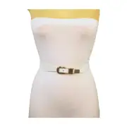 Women White Skinny Elastic Waistband Fashion Belt Gold Metal Buckle Fit Size S M