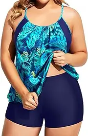 [Holipick] Plus Size Tankini Swimsuit for Women Two Piece Tummy Control Bathing Suit Blouson Tankini Top with Shorts, Blue Leaves, 24 Plus