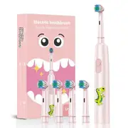 Pink Rechargeable Electric Toothbrush Rotating Round Head Soft Bristles Includes 4 Brush Heads