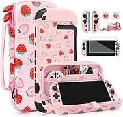 FANPL Cute Carrying Case for Nintendo Switch 2, Protective Cover Accessories Bundle with Travel Skin, Hard Shell, Adjustable Shoulder Strap, Thumb Grips, Screen Protector (Pink Strawberry)