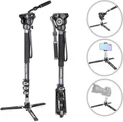 Carbon Fiber Video Monopod Kit-VM70CK Professional Hydraulic Fluid Head Monopod Removable Multifunctional Travel Tripod Stand for Gopro DSLR Camera Telescopic Camcorders, Max Load 22lb/10 kg