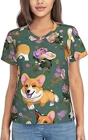 [KPXXAQT] Corgi Floral Flowers Print Everyday Casual Blouse for Ladies Classic V Neck T Shirt Soft for All Body Types
