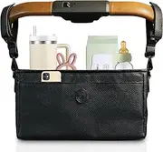 Universal Stroller Organizer with Cup Holder - Vegan Leather Stroller Caddy, 4 Built-In Pockets, Shoulder Strap, Fits Mockingbird, UppaBaby, Nuna, BOB and More