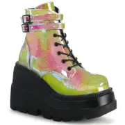Demonia SHAKER-52 Wedge Platform Ankle Boot, Pink Shifting Glitter, Size 8