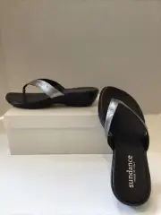 Sundance Italy Black W silver Strap Thong Wedge CORFU Sandal 38