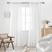 White Sheer Linen Curtains 96 Inch Length for Living Room 2 Panel Set Back Tab Opaque Draperies Linen Light Filtering Curtain for Bedroom Floor Length Crisp Vintage Beach Country 8 FT 52x96 Inch
