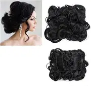 Synthetic Large Comb Clip In Curly Hair Extension Chignon Hair Pieces Women Updo Cover Hairpiece Extension Hair Bun(Dark black)