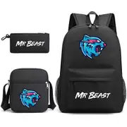 Mr Beast Lightning Cat Schoolbag Three-Piece Printed Backpack Student Computer Casual Canvas Bag Black~1