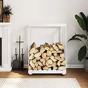 Small Firewood Log Storage Rack Holder with Wheels for Indoor Fireplace or Outdoor Patio, White 76.5x40x108 cm Solid Wood Pine