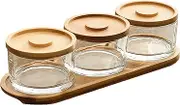 KVMORZE Chip and Dip Serving Set with Bamboo Tray, Snack Candy Fruit Nut Serving Platter, Small Glass Dipping Serving Bowls with Lids for Condiments, Side Dishes, Pre, Dessert, Salsa (3 Slots)