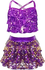 [FEESHOW] Girls Sequin Dance Outfits Sequin Crop Top + Mini Skirt Latin Jazz Costume Performance Dancewear