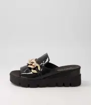 New Django & Juliette Rablise Black Patent Sole Slides Womens Shoes Casual