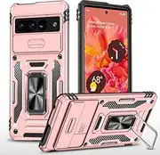 Slide Camera Cover for Google Pixel 8,Kickstand with Built-in 360° Rotate Magnetic Ring Stand Shockproof Protective Armor Cover,Rose Gold