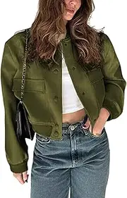 [Athlisan] Womens Cropped Bomber Jacket Button Down Casual Varsity Jacket with Pockets