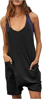 [Generic] Shorts Jumpsuits for Womens with Pockets Loose Fit Spaghetti Strap Overalls Sleeveless Rompers Plus Size Solid Color V Neck Dungarees Comfy Baggy Bib Pants 2023 Summer Beach Resort Wear for Women