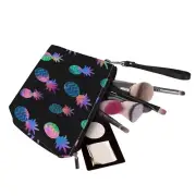 Fluorescent Pineapple Black Portable Large Travel PU Leather Makeup Pouch